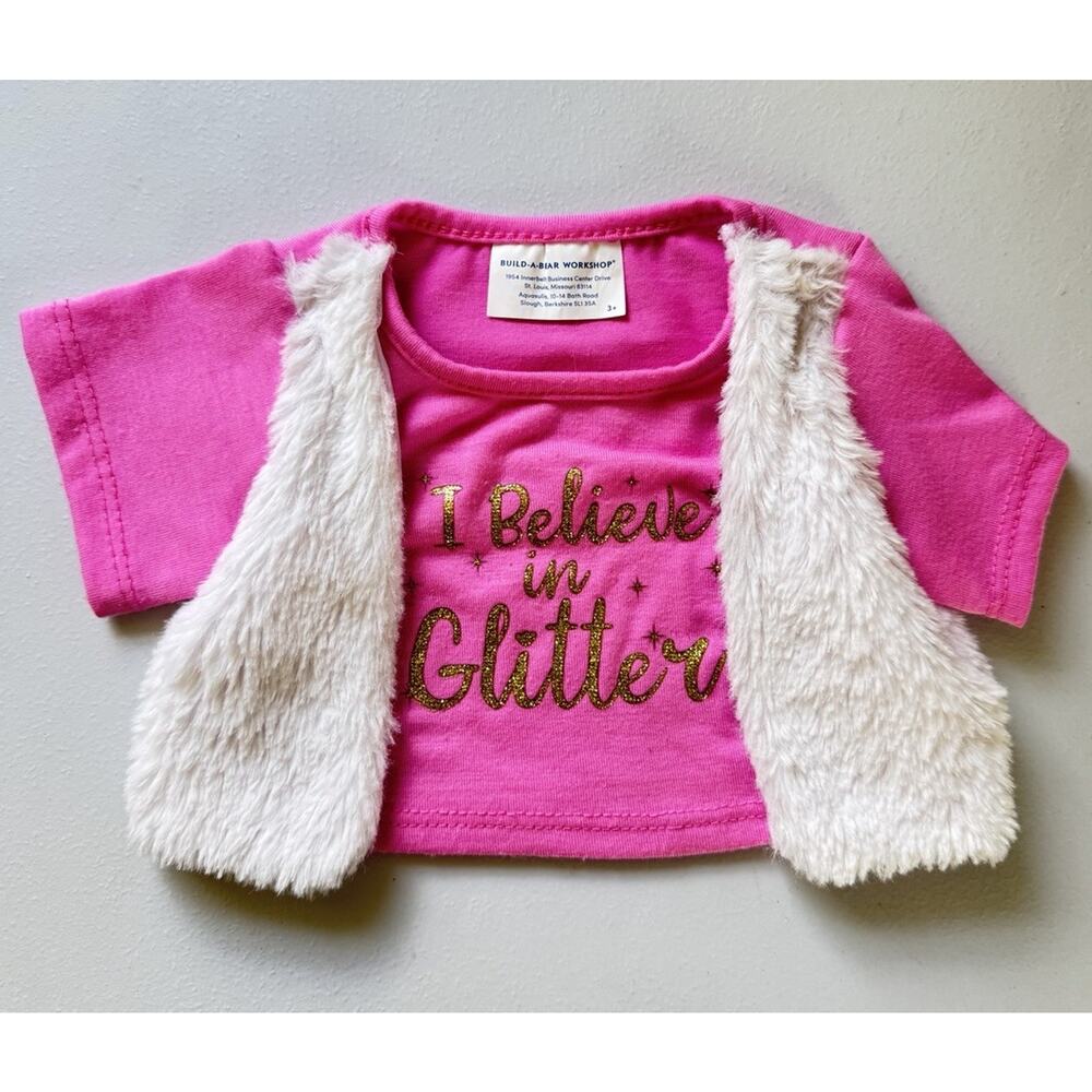 Build A Bear I Believe In Glitter Pink T-shirt With White Fur Vest BAB Tee